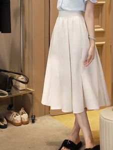 Zhang YuanTong สไตล์สูง เอว กระโปรงยาวปานกลาง ผู้หญิง แฟชั่นเกาหลี สีขาว กระโปรงทรงเอ พรางหุ่น สะโพก ปก ฤดูร้อน ครึ่ง กระโปรง