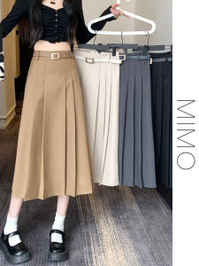 Khaki A-Line Pleated High Waist Petite Suit Skirt for Spring and Autumn