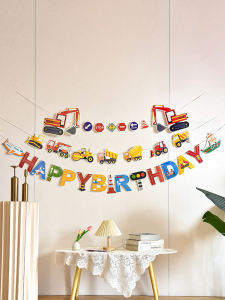Birthday Party Decoration Pull Flag Boys First Year Photo Prop Construction Truck Triangle Flag Car Hanging Flag Colorful Banner