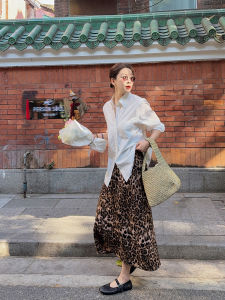 Liberlin Sisy Satin Micro-Light A-Line High Waist Slimming Midi Skirt Womens Spring New Style Leopard Print Commute Korean Version