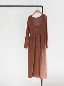 Retro Artistic Style Cotton Linen Dress with Butterfly Knot Decoration High Waist Long Sleeve Spring Summer Gown