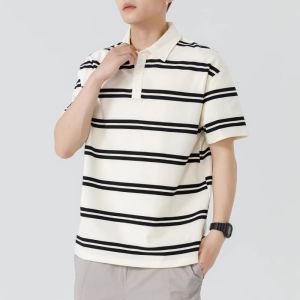 Vancl Mens Stripe Polo Shirt Loose Short Sleeve Turn-down Collar Summer Trendy Brand Breathable Cotton Polyester Blend T-shirt