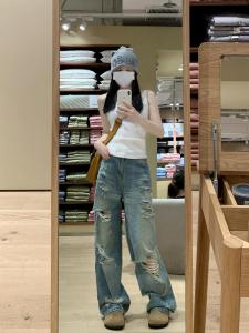 กางเกงยีนส์ทรงตรงเอวสูงยาวปานกลางสำหรับผู้หญิง กางเกงยีนส์ขาดสำหรับใส่ไปงานปาร์ตี้ในช่วงฤดูร้อน กางเกงยีนส์ทรงเดนิมทรงสลิมฟิต