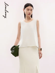 Lancy Summer 2025 Silk Sleeveless Vest Strap Womens round Neck Thin Top Elegant Simple Fashion Straight Cut Short Length Shirt