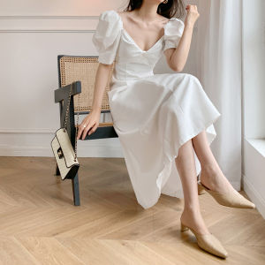 White Puff Sleeve V-Neck Elegant Summer Dress