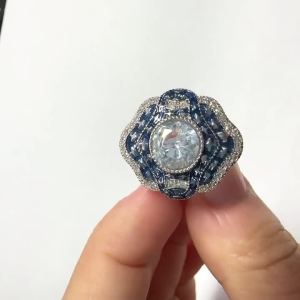 Huitan Delicate Blue Enamel Ring for Women Bright Round Cubic Zirconia Finger Jewelry for Engagement Ceremony Party