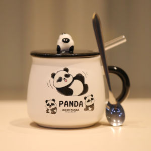 Cute Cartoon Ceramic Panda Mugs with Lid Spoon Straw Men Women Couples Home Breakfast Oats Water Cups 401mL-500mL Capacity