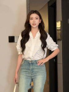 YAOMUHUA | Elegant White V-neck Short Sleeve Shirt