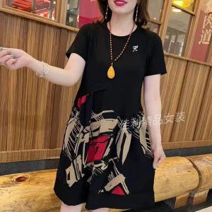100KG Fat Girl Can Wear Internet Celebrity Plus Size Women Floral Dress Lady Loose Round Neck Short Sleeve A-line Dresses Showing temperament