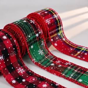 5Yards 6.5CM Christmas Plaid Ribbon Snowflake Buffalo Plaid Linen Ribbons DIY Xmas Tree Wreath Gift Wrapping Ribbon Decoration