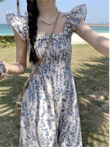 Sweet Floral Print Mini Dress Square Collar Strapless A-Line Skirt Summer Slimming Bridesmaid Dress Korean Style High Waist