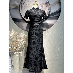 Elegant Vintage Style Black Chinese Cheongsam Young Womens Reformed Fish Tail Dress Breathable Short Sleeve Low Slit Skirt