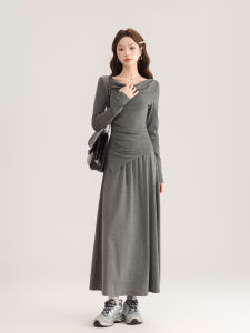 RUXU Spring Autumn Womens Pure Color Long Sleeve Neckless Asymmetrical Top with Matching Skirt Two-Piece Set Fashionable Ensemble
