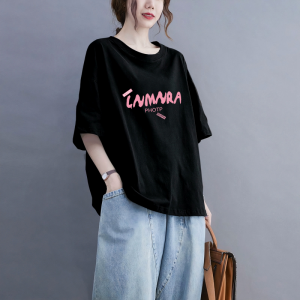New 2024 Womens Loose Fit Short Sleeve T-Shirt Pure Cotton Comfortable plus Size Cover Belly Deep Grey Casual Fashion Top