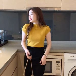 FRAN Half Turtleneck Bottoming Shirt Womens Short-sleeved Knitted Inner Thin Sweater Vest Summer Top COD