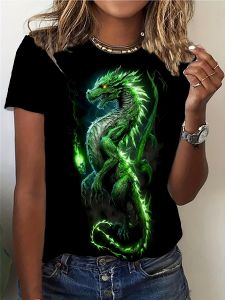 Black Womens Tee - Glowing Green Dragon Graphic Mythical Fiery Beast Design for Casual Daily Wear