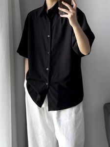 Black Ice Silk Short Sleeve Shirt Mens Summer Trendy Thin Cool Sensation High-End Sun Protection Outerwear Breathable Loose Fit