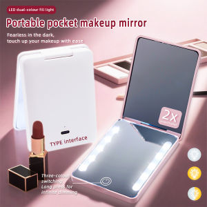 LED 3-Color Dimmable Double-Sided Mirror (HD + 2x) - Ultra-Thin Foldable Ins Style Travel Touch-Up Gift for Women