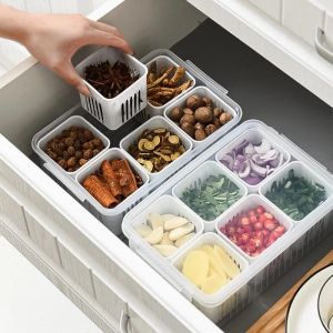 Refrigerator Storage Box Drainage Basket 2 in 1 4 Grids Refrigerator Organizer Meat Fruit Veggie Keeper