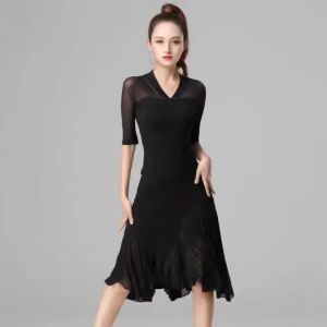 Women V Neck Latin Dance Dress Black Elegant Adult Professional Dance Costume Samba Line Dance Practice Performance Dress