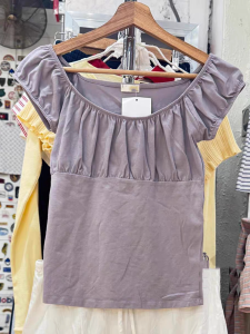 Áo Thun Cotton Dáng Ôm Tay Bồng Cổ Tròn Xếp Ly BM Casey Top Mùa Hè Mới Cho Nữ