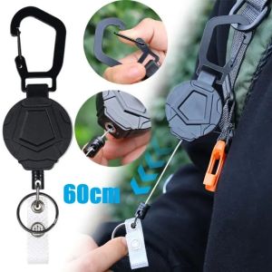🔥New🔥Retractable Heavy Duty Pull Reel Carabiner 60cm Strong Steel Wire Rope Buckle Badges ID Reel Spring Keychain Small Shield Pattern Outdoor Sport Tool