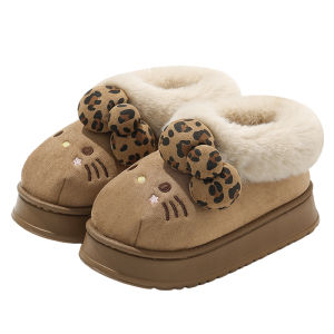 Dép Bông KT Cat Dành Cho Nữ Mùa Đông Đế Dày Chống Trượt Lông Cừu Cao Đến Mắt Cá Chân Dép Cotton Đế Xuồng Đế Bằng