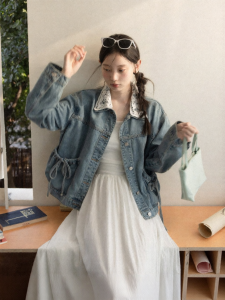 Cantonstory | Vintage Blue Lace Trimmed Turn-down Collar Loose Jean Jacket Spring