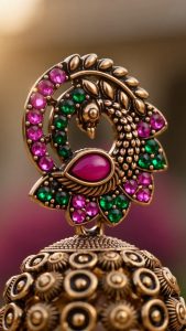[SG] Majestic Peacock Floral Jhumka Earrings | Antique Gold Look | Pink & Green Stone Accents | Peacock Inspired Design | White Pearl Drops | Traditional Indian Jimikki Earrings | ear me out (EMO-419)