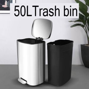 10-20L/50l stainless square trash bin can with cover big size for room bathroom trash bin with pedal kitchen office garbage bin with Detachable Plastic Bucket
