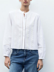 Áo Sơ Mi Dài Tay Cổ Tròn Khoét Sâu Phong Cách Lãng Mạn Mới Mùa Xuân Dành Cho Nữ Thời Trang Đơn Giản Viền Hoa Cổ Áo Sơ Mi Thường Ngày