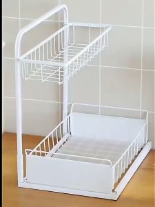 【READY STOCK】Elegant L-Shaped Kitchen Sink Organizer | Versatile Dishware & Condiment Storage Rack | Space-Saving Pull-Out Storage Shelf