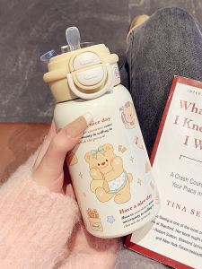 Cute Cartoon Bear Childrens Large Capacity Stainless Steel Insulated Water Bottle Straw Cup Boys Girls Double Sided Drink