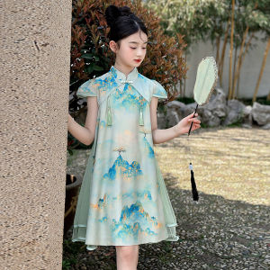 Girls Summer Dress Retro Chinese Style Cheongsam Tulle Skirt Little Girl Sumi Painting National Style Princess Dress