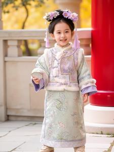 Thickened Purple Embroidery Girls Qing Dynasty Costume Hanfu Childrens Traditional Chinese Clothing Cotton Coat for Girls