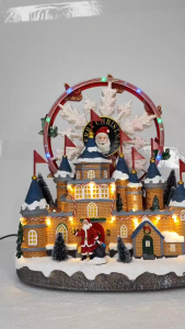 ONELINE #FC604 Animated Christmas village miniature castle centerpiece features a revolving Ferris wheel LED lights and festive music
