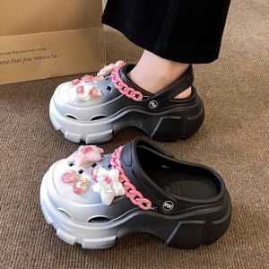 Dopamine Thick Heel Sandals Women Summer Outdoor Anti-Slip Heightening Fairy Style Beach Two-Way Wear Headed Half Slippers Ladies