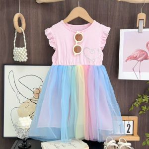 Bear Leader | Bear Leader Flying Sleeve Girls Colorful Dress Summer Kids Rainbow Mesh Party Dresses Children Clothing Vestidos Outfits