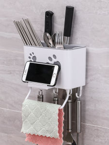 Kitchen Wall-Mounted Multi-Functional Creative Dining Utensil Storage Box Chopsticks Spoon Knife Drain Rack No-Punching Needed