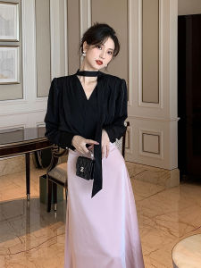 French Entry Lux Black V-neck Shirt with Ribbon Womens Spring & Fall Fancy Elegant Commuter Long Sleeve Shoelace Chic Tops