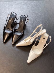 Rome Style Embossed Leather High Heels Womens Spring Summer New Pointed Toe Buckle Cover Head Sandals Hollow out Shoes