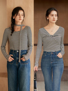 HeyDress Casual Vertical Striped Long Sleeve T-Shirt V-Neck Women Base Wear Dual-Sided Dusk Grey/Classic Checkered Blue