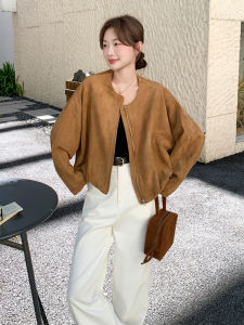 Khaki Suede Jacket Womens Loose Fit Short Style Casual Vintage American Autumn New Arrival Fashion Ladies Zipper Coat