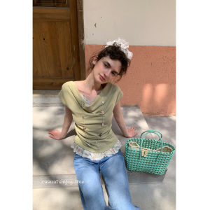 Eggka Butterfly Clip Short Sleeve T-Shirt Waist Cinched Asymmetrical Splice Slimming Top Summer Sweet Style Polyester Fiber