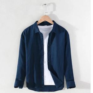 M-3XL Spring and Summer Stand Collar Plain Color Long-sleeve Vintage Mens Streetwear Single Breasted Linen Shirts
