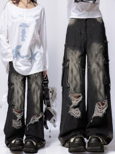 plus Size American Workwear Denim Jeans Womens Design Sensibility Subculture Y2K Slim Wide Leg Pants Fat MM