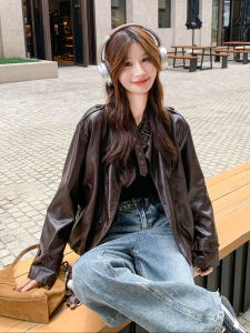 Burgundy Retro Double-Breasted Leather Jacket Womens 2025 Autumn New Style Motorcycle Style PU Leather Coat Large Female Lead