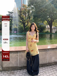 Hhyii Thai Land Summer Yellow Rose V-neck Dress Womens Loose Versatile Tea Break Short Skirt Spring Summer Autumn Commute