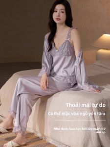 LEZIMENG | Bộ Đồ Ngủ Có Lót Satin Viền Ren Có Đệm