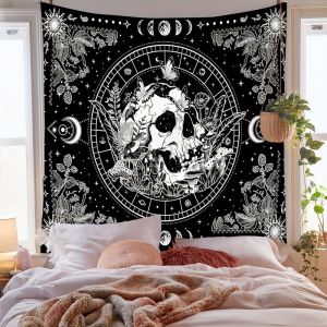 VIKAMA Boho Black and White Skull Bohemian Tapestry Wall Hanging Home Decor for Bedroom Living Room Dorm